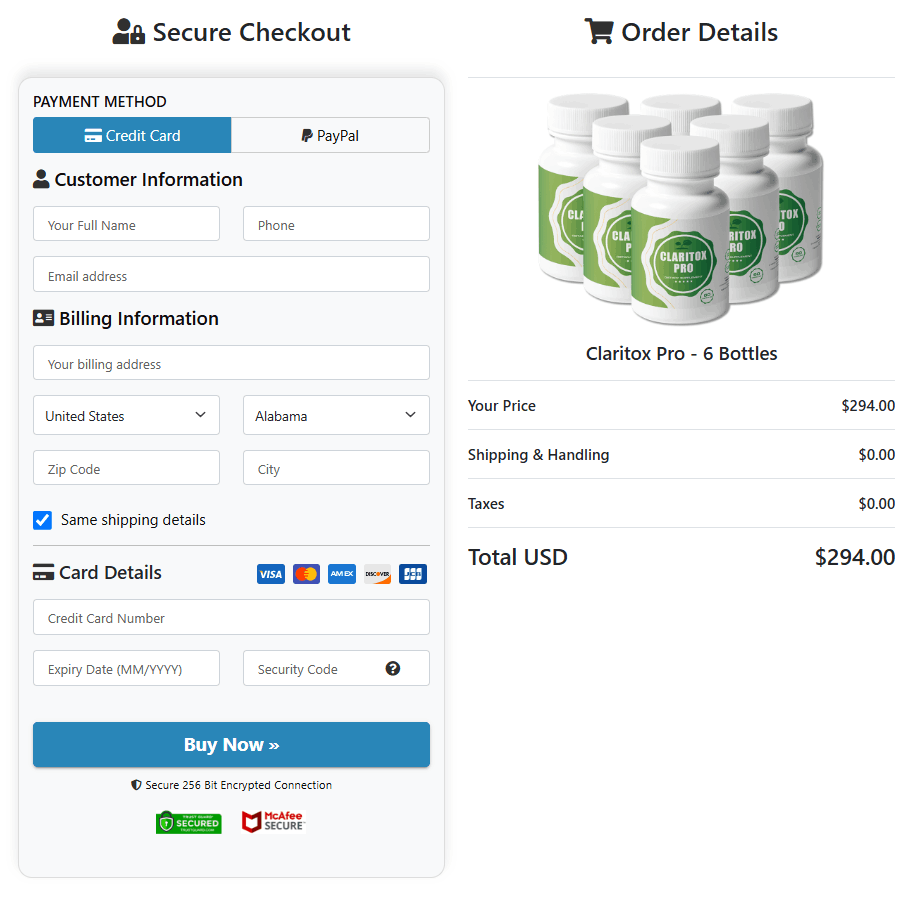 Claritox Pro Secure Order Page